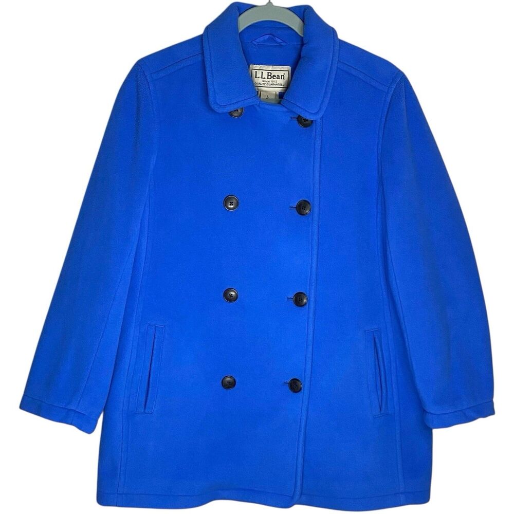 LL Bean Pea Coat Womens Large Blue Fleece Double Breasted Jacket Outdoor Classic